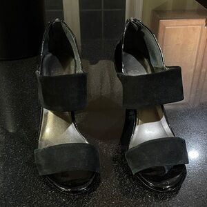 Talbots high heel, open toe, black suede shoe.